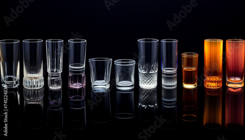 Set of Different Types of Drinking glasses isolate on dark background.