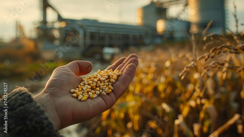 Corn in the hands of a farmer with an industrial processing plant background.