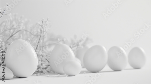 Easter white eggs on white background with some cute flowers. Stylish easter concept.