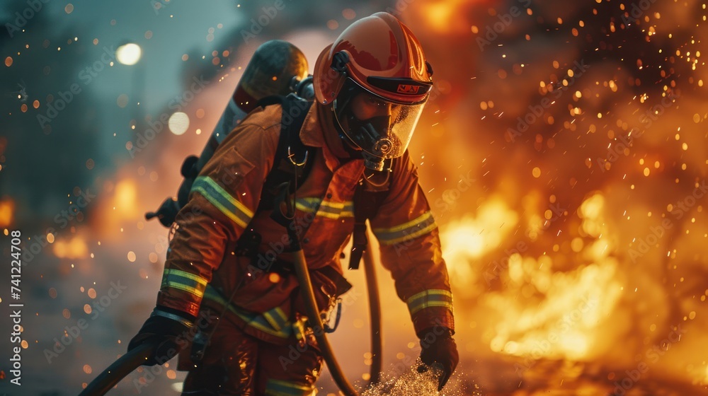Fototapeta premium fireman using water and extinguisher to fighting with fire flame in an emergency situation., under danger situation all firemen wearing fire fighter suit for safety.