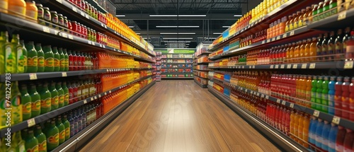Panel kuchenny z motywem Abstract supermarket aisle with colorful shelves and unrecognizable customers as background