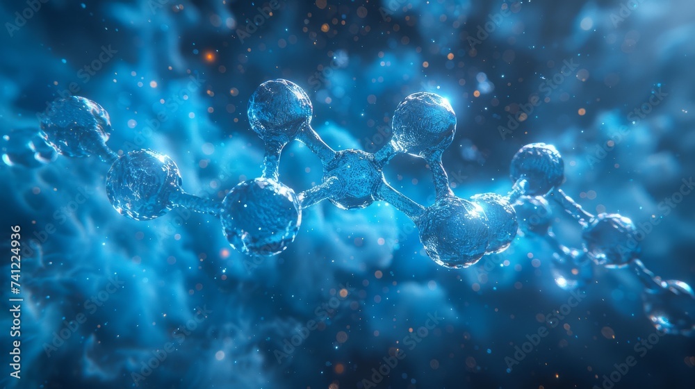 Water molecule magnified against a backdrop of a blue nebula hydrogen and oxygen bonding amidst cosmic clouds - obrazy, fototapety, plakaty 