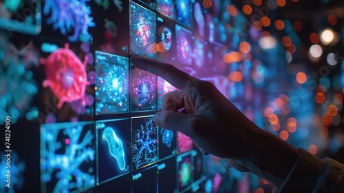 Hand pointing to digital images on the screen, in the style of abstract structures, navy and azure, busy compositions, scientific diagrams, molecular.