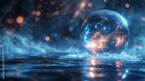 Water sphere in zero gravity inside which a neon lit lipid molecule floats encasing mysteries photo