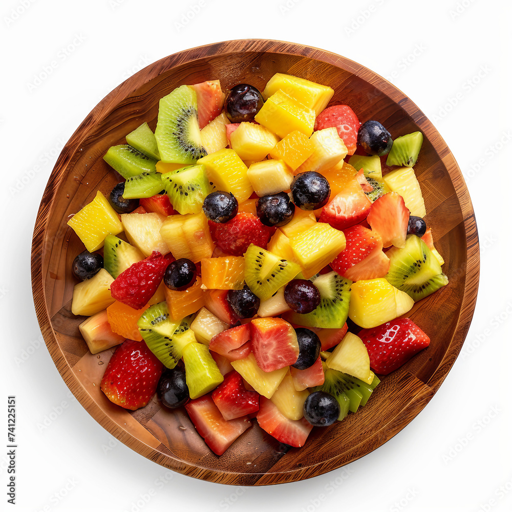 Fresh fruit salad in wooden bowls isolated on white background,top view Fresh fruit salad in wooden bowls isolated on white background,top view