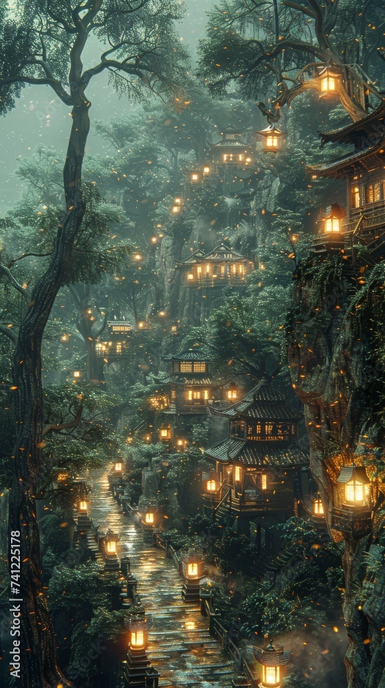 Topaz lanterns lighting an ancient path leading to a city of gold lost in time