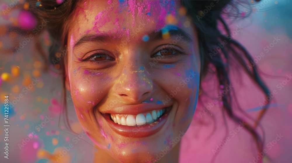 Happy Young Indian woman with colorful Holi powder smiling surrounded by paint particles Happy Young Indian woman with colorful Holi powder smiling surrounded by paint particles