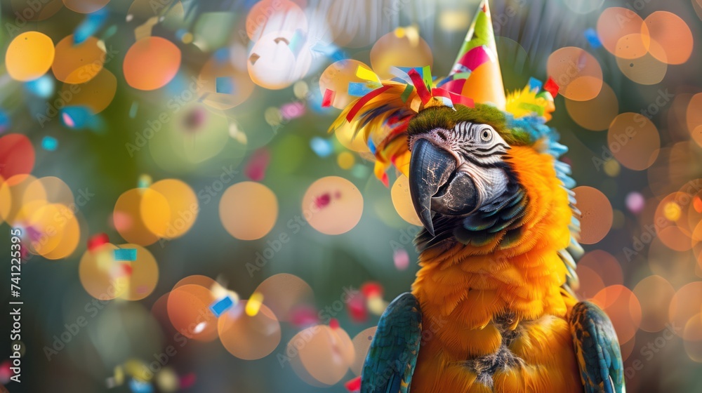 Cute parrot that is friendly to animals Wear a party hat, celebration, New Year's party or birthday party, carnival, greeting with bokeh lights and paper. confetti party surround
