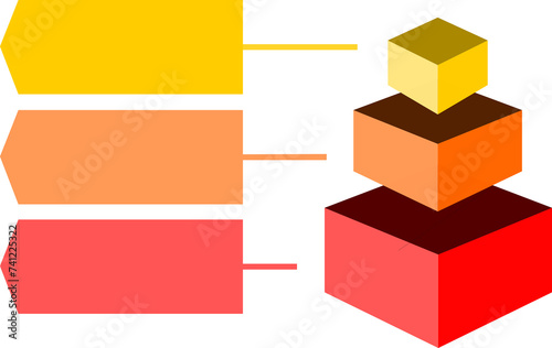 Infographic of red with orange and yellow square box divided and cut and space for text, Pyramid shape graphic made of three layers for presenting business ideas or disparity and statistical photo