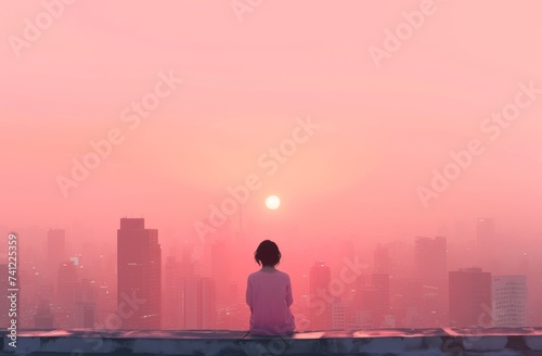 A person sits on a ledge, gazing out at the cityscape below.