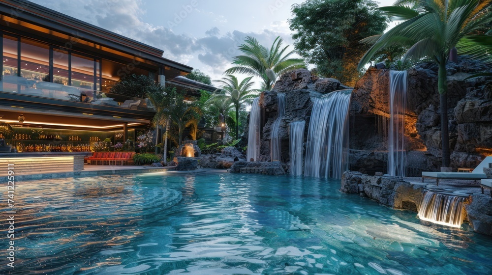 Shot of luxurious swim up bar with waterfalls in the background.