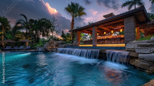 Shot of luxurious swim up bar with waterfalls in the background.