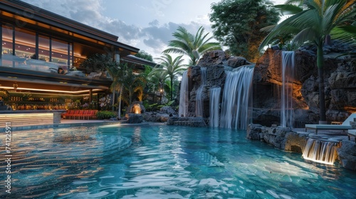 Shot of luxurious swim up bar with waterfalls in the background.