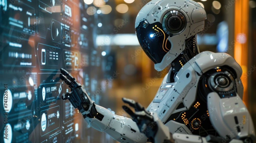 The simulation robot pointed at the large screen and introduced complex data. The simulation robot pointed at the large screen and introduced complex data.
