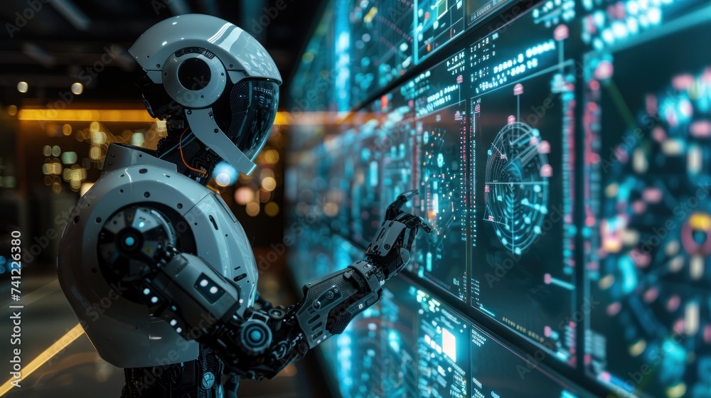 Fototapeta premium The simulation robot pointed at the large screen and introduced complex data.