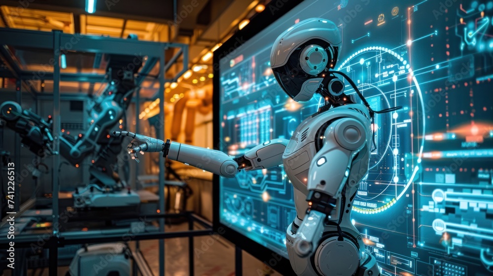 The simulation robot pointed at the large screen and introduced complex data. The simulation robot pointed at the large screen and introduced complex data.