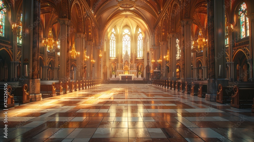 sunlit aisle of an empty church with ornate architecture, leading to an altar with religious statues and stained glass windows