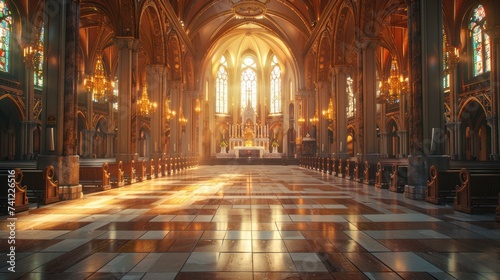 sunlit aisle of an empty church with ornate architecture  leading to an altar with religious statues and stained glass windows