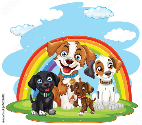 Four cartoon dogs smiling under a colorful rainbow