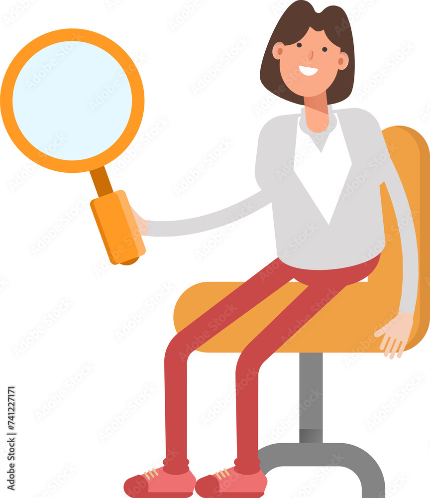 Businesswoman Character Sitting and Holding Magnifier
