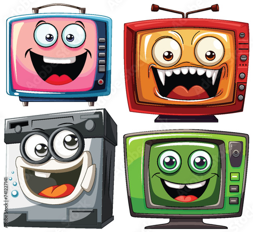 Four cartoon televisions with various funny faces.