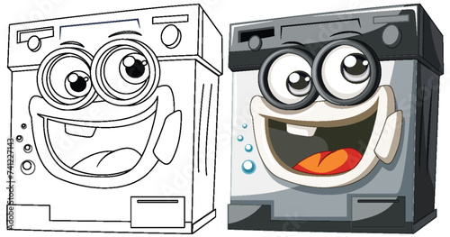 Two cheerful washing machines with expressive faces