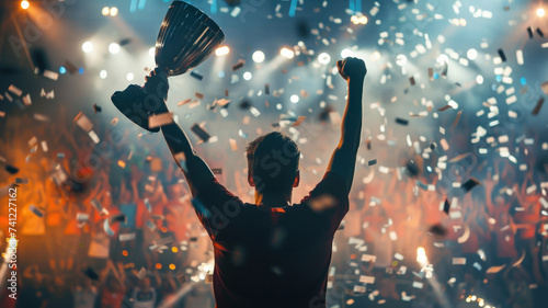 A champion holding a trophy high triumphant under the spotlight crowd cheering the pinnacle of achievement