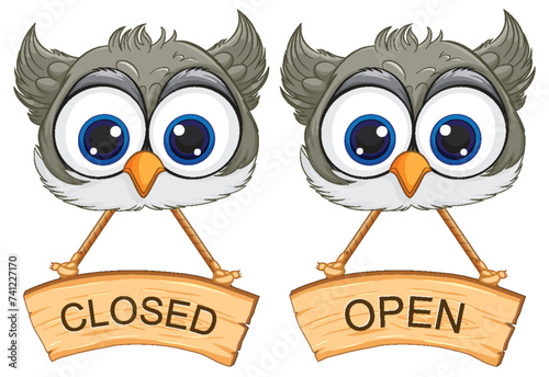 Cartoon owls with signs showing open and closed status.