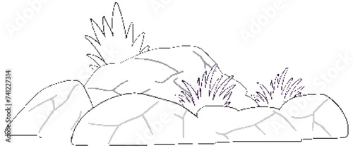 Black and white line art of rocks with foliage.