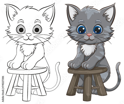 Two adorable cartoon kittens sitting on wooden stools.