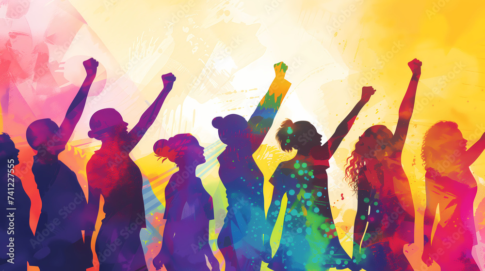 A group of women is reaching hands out for equality and justice against a bright background. Silhouette of women raising hands up on a vivid bright colorful background.