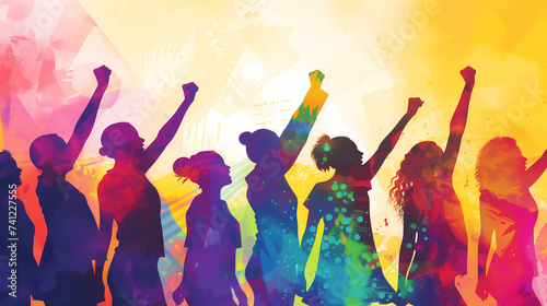 A group of women is reaching hands out for equality and justice against a bright background. Silhouette of women raising hands up on a vivid bright colorful background. photo