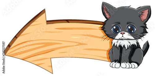 Adorable cartoon kitten beside a blank arrow sign.