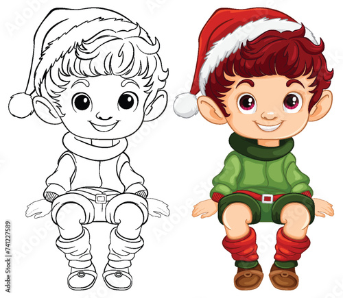 Colorful and outlined versions of a festive elf.