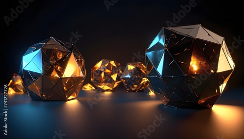 Colorful reflection low-poly crystal poligons on dark background 