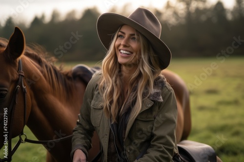 Beautiful young woman wearing a hat sitting on a horse in a field © Nerea