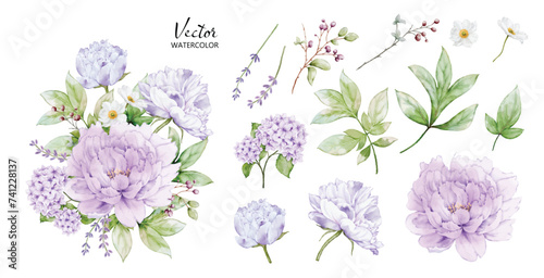 Set of watercolor bouquets with peony flower elements
