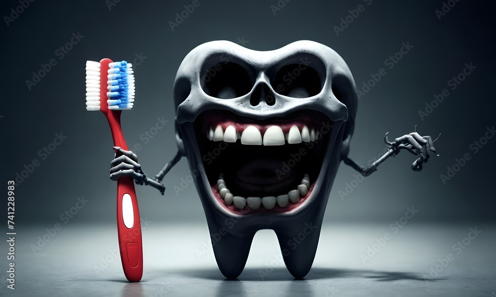 A jaw with a tooth skull is holding a toothbrush in an artistic gesture ...