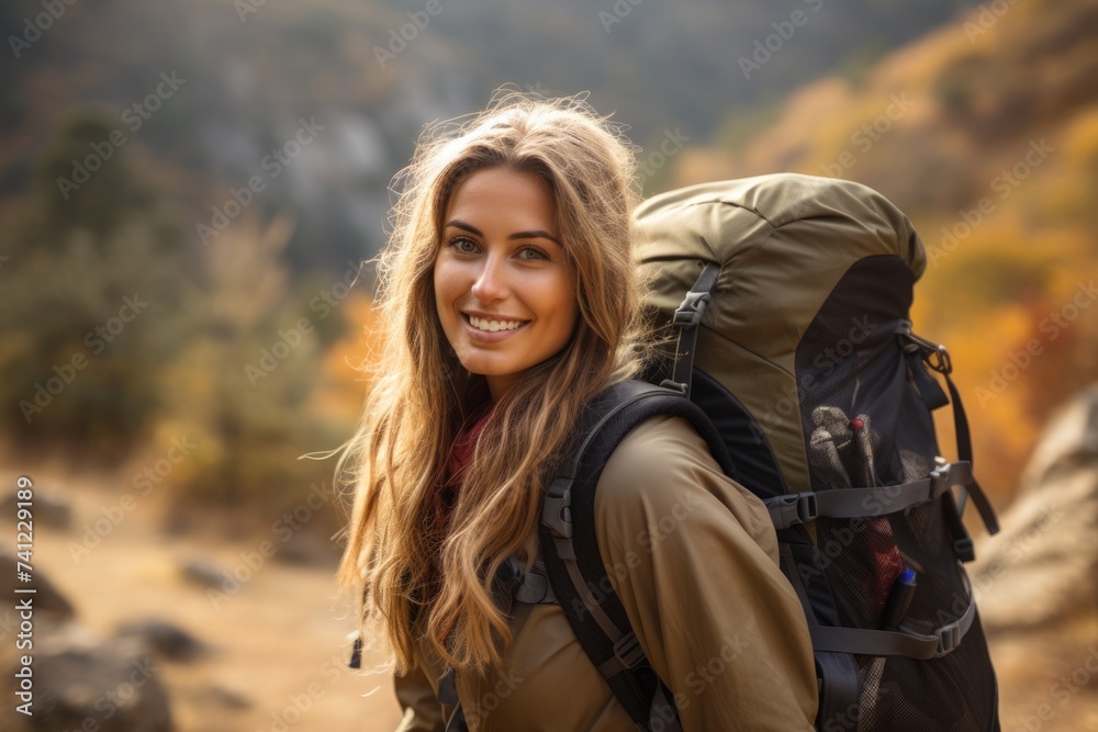 Young woman with backpack hiking in the autumn mountains. Travel and adventure concept. Young woman with backpack hiking in the autumn mountains. Travel and adventure concept.