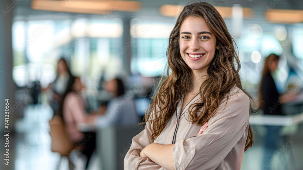Naklejka premium Confident young professional woman at the office, representing empowerment and career ambition in the workplace.