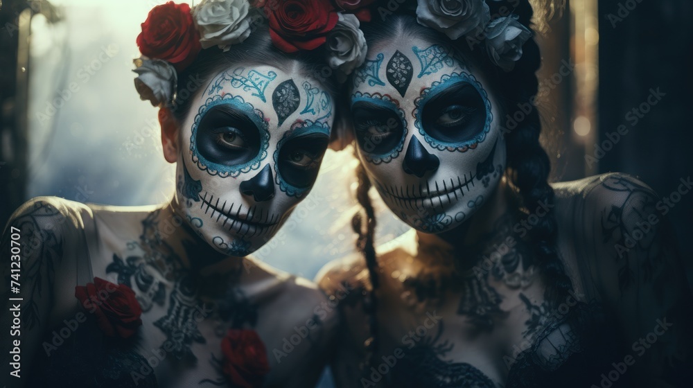 Day of the Dead festivities-girlfriends in stunning sugar skull makeup, celebrating life and death in Mardi Gras style.