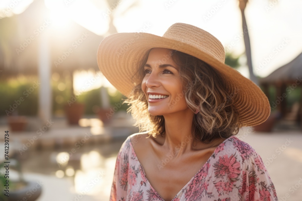 portrait of smiling young woman in straw hat looking away at resort