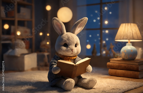 Toy bunny is reading a book in the children's room in a cozy evening atmosphere. The concept of reading children's books before going to bed