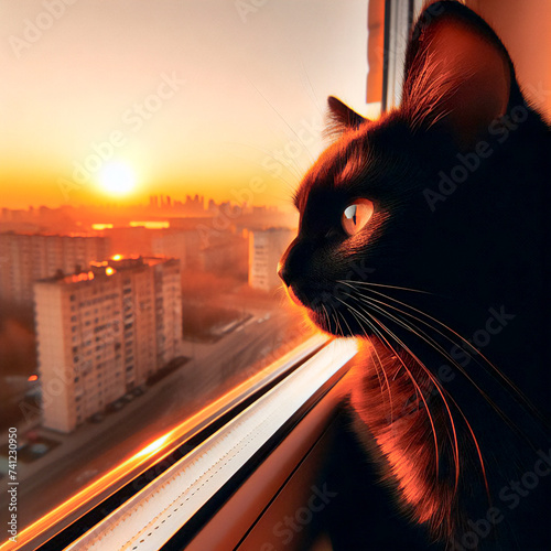 Gato negro mirando hacia la ciudad al atardecer a través de la ventana de un rascacielos photo