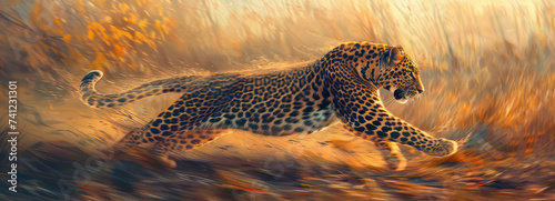 Leopards Dance in the Wild A leopard moving gracefully in its natural habitat captured in the perfect moment of beauty and power Vibrant dynamic motion photo