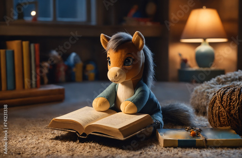 Toy pony is reading a book in the children's room in a cozy evening atmosphere. The concept of reading children's books before going to bed