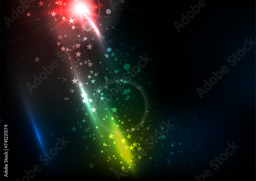 Glowing colorful stars and particles abstract background. Vector design