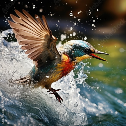Small bird dives into blue-green water, chasing a fish with a splash, Ai Generated. © Crazy Juke