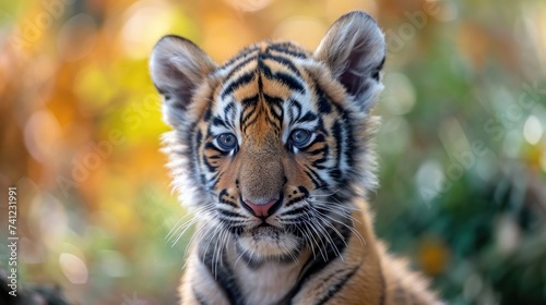 Baby tiger gazes down with innocence, a captivating blend of wild charm, Ai Generated.