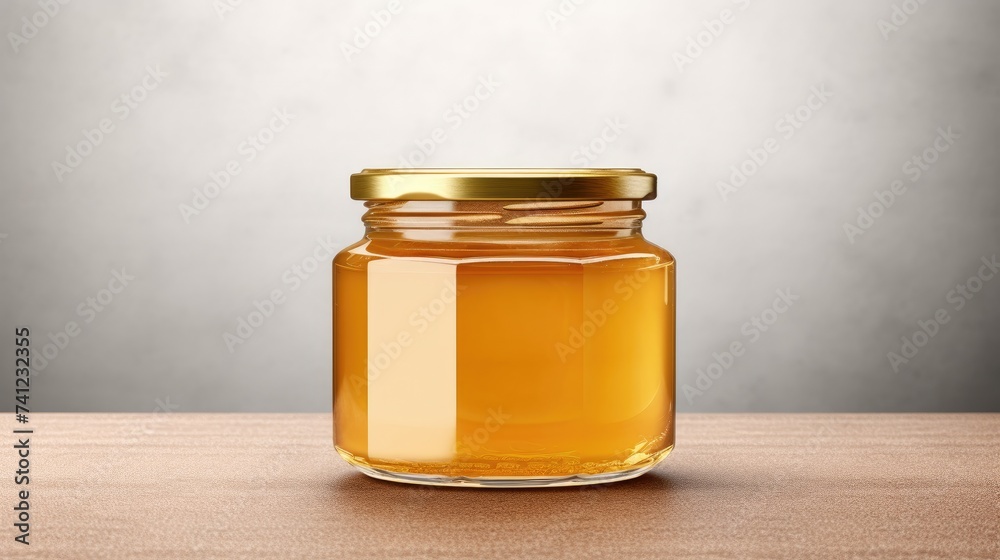 Versatile mockup: A golden honey glass jar with ample blank space, perfect for custom branding. Ai Generated. Versatile mockup: A golden honey glass jar with ample blank space, perfect for custom branding. Ai Generated.